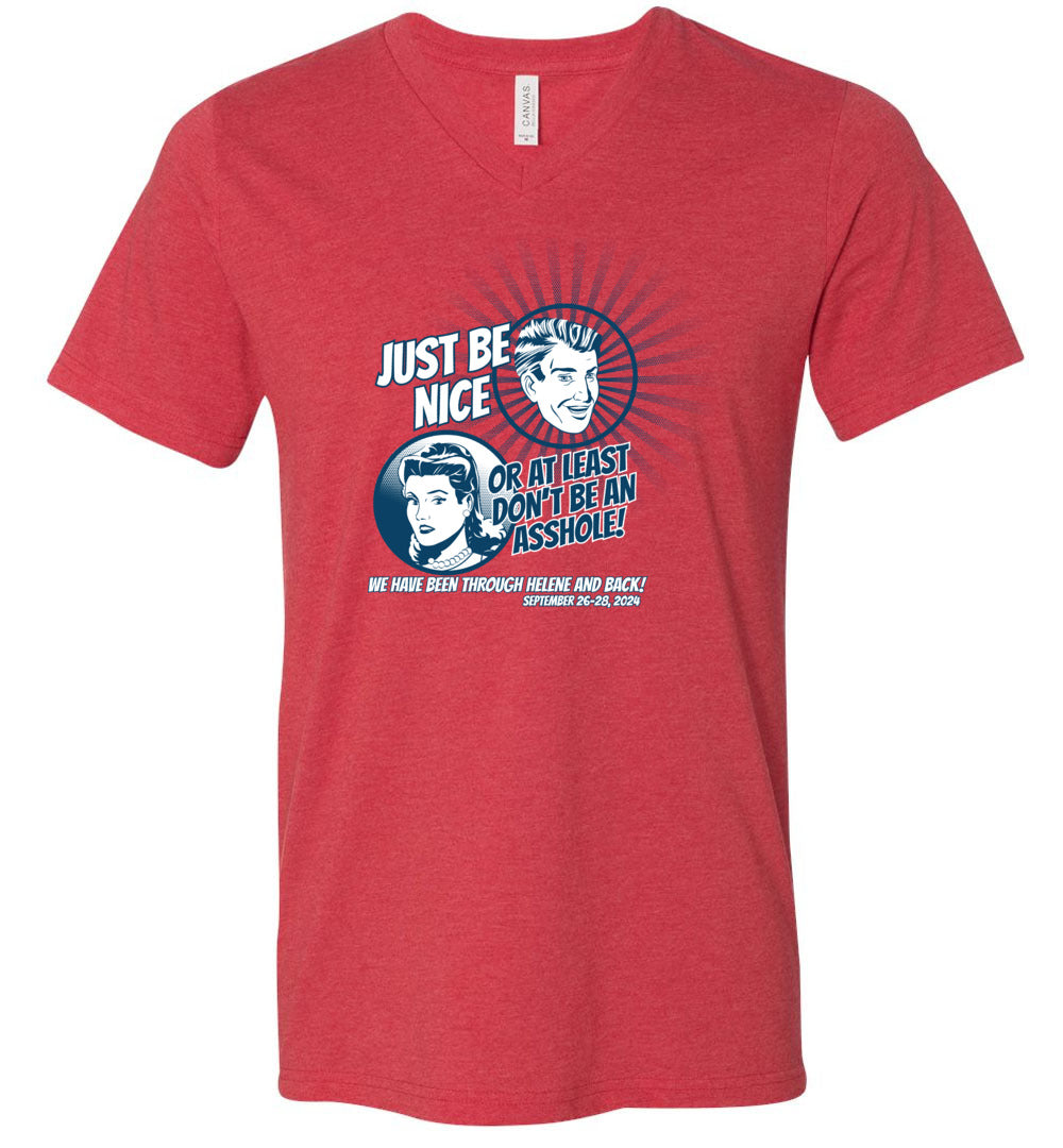 JUST BE NICE - Hurricane Helene Disaster Fundraiser v-neck tee!