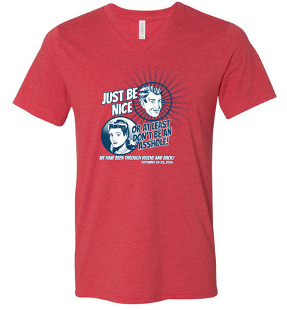 JUST BE NICE - Hurricane Helene Disaster Fundraiser v-neck tee!